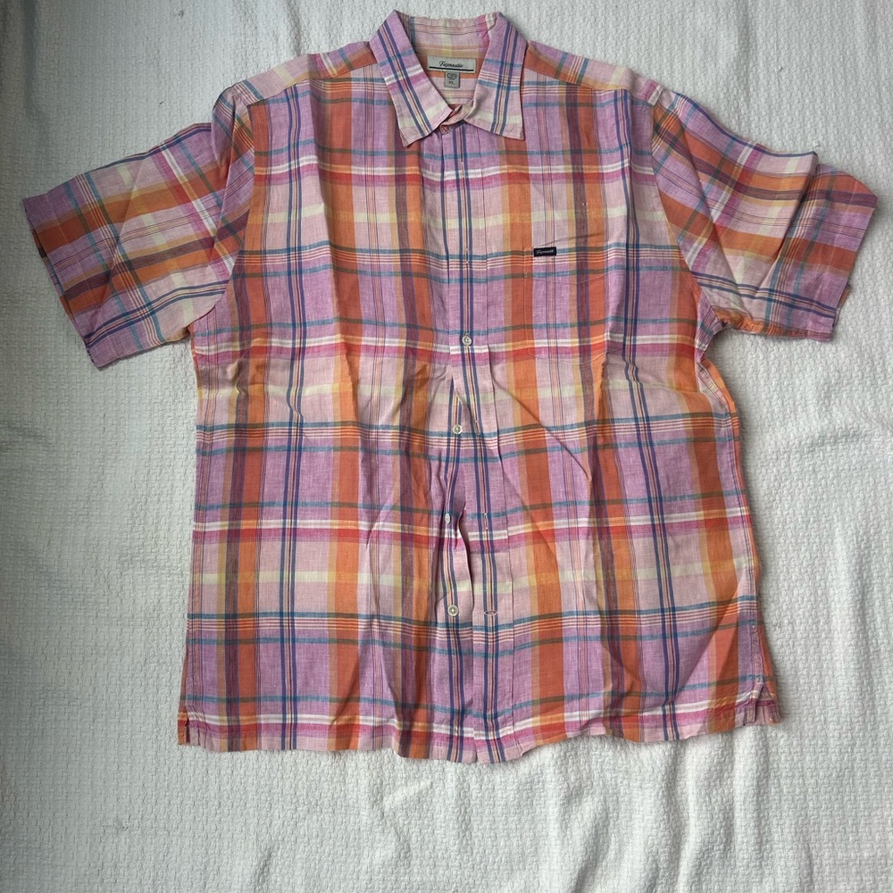 Faconnable Pink and Orange Plaid Button Down Shirt